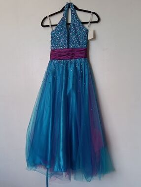 Tiffany Designs Teal Sequin Halter Dress with Purple Sash